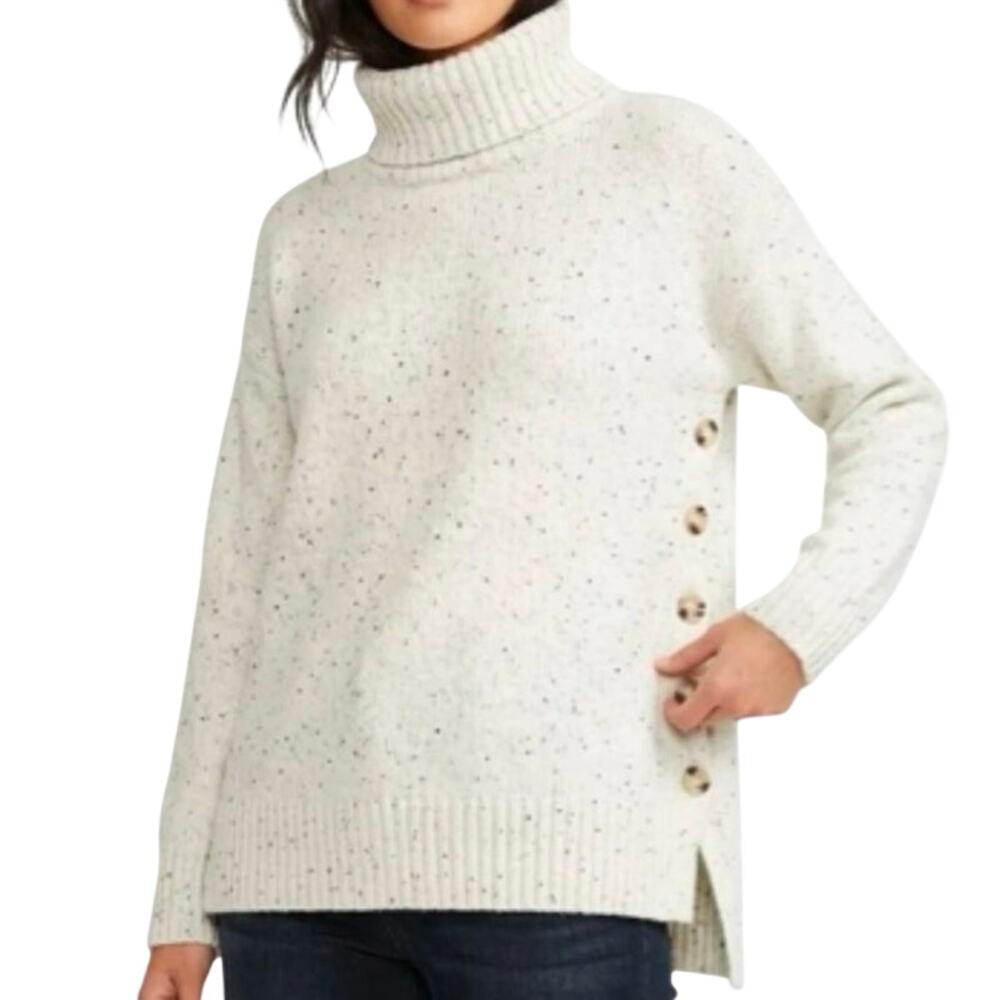 CYNTHIA ROWLEY Side-Button Turtleneck Sweater Cream Speckled Knit - Sz Medium